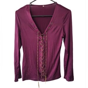 Women's Purple Lace Up Gold Chain V-Neck Long Sleeve Blouse Sz Md